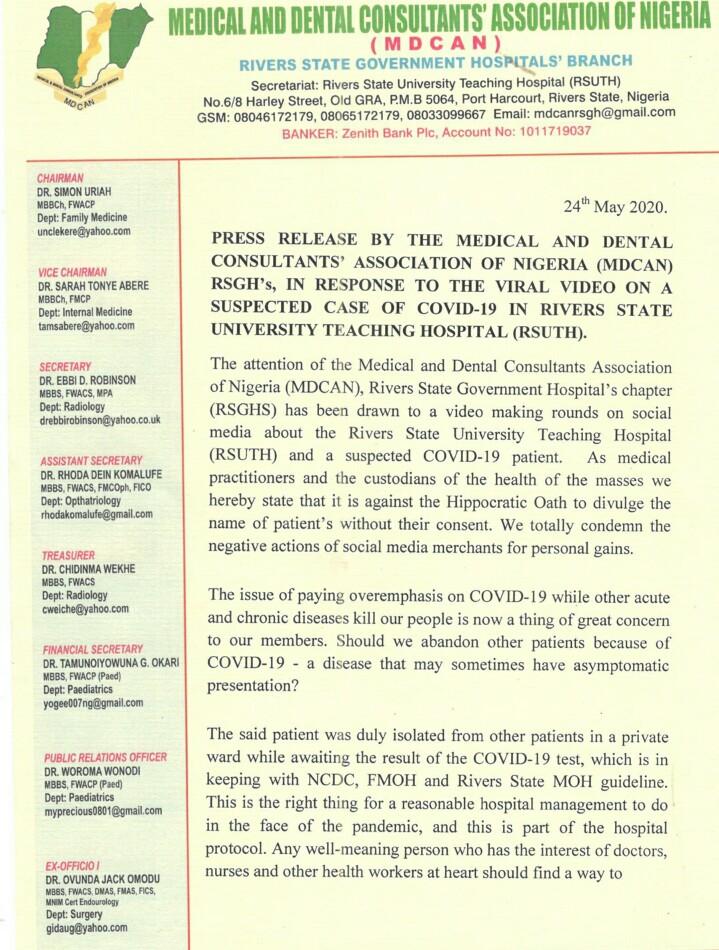 RSUTH_PH's tweet photo. PRESS RELEASE BY THE MEDICAL AND DENTAL CONSULTANTS' ASSOCIATION OF NIGERIA #MDCAN RSGH's, IN RESPONSE TO THE VIRAL VIDEO ON A SUSPECTED CASE OF COVID-19 IN RIVERS STATE UNIVERSITY TEACHING HOSPITAL - #RSUTH. 24th May, 2020 https://t.co/8kLw0zgcbL