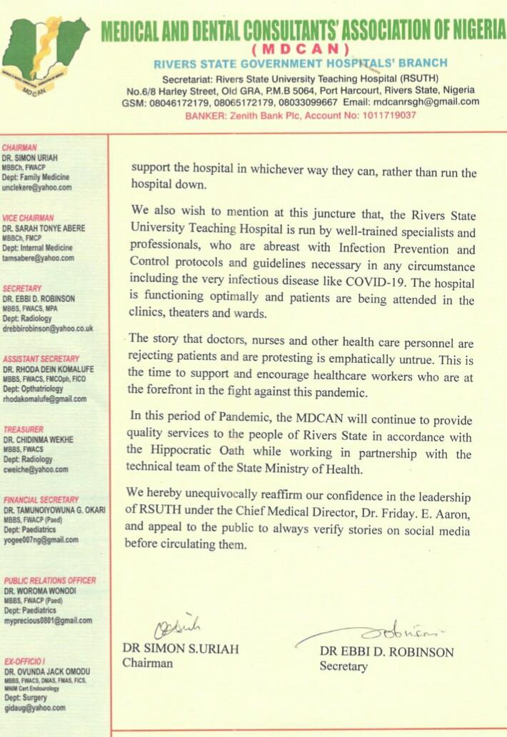 RSUTH_PH's tweet photo. PRESS RELEASE BY THE MEDICAL AND DENTAL CONSULTANTS' ASSOCIATION OF NIGERIA #MDCAN RSGH's, IN RESPONSE TO THE VIRAL VIDEO ON A SUSPECTED CASE OF COVID-19 IN RIVERS STATE UNIVERSITY TEACHING HOSPITAL - #RSUTH. 24th May, 2020 https://t.co/8kLw0zgcbL