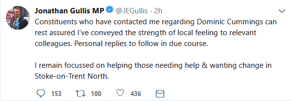 Here's something... odd.Two Tory MPs, tweeting such similar things, it's uncanny. "Constituents who have contacted me regarding Dominic Cummings can rest assured"etc.Are they working off a script they've been given? Sure looks like it!Keep your eyes peeled for more.