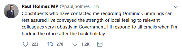 Here's something... odd.Two Tory MPs, tweeting such similar things, it's uncanny. "Constituents who have contacted me regarding Dominic Cummings can rest assured"etc.Are they working off a script they've been given? Sure looks like it!Keep your eyes peeled for more.