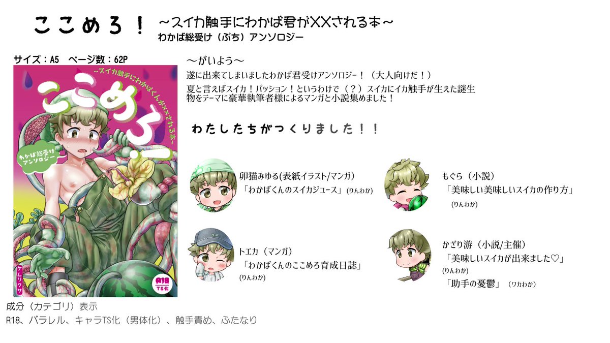 かざり イド蛸ー エアブーcityfes にて発行予定の本のサンプルを上げさせて頂いております 第三弾からは小説組です 今日はもぐらさん Mogura Mgmg のtsりん君とわかば君のお話です Make Ur Suki サンプルは冒頭2pと 少し飛んだ2p分です