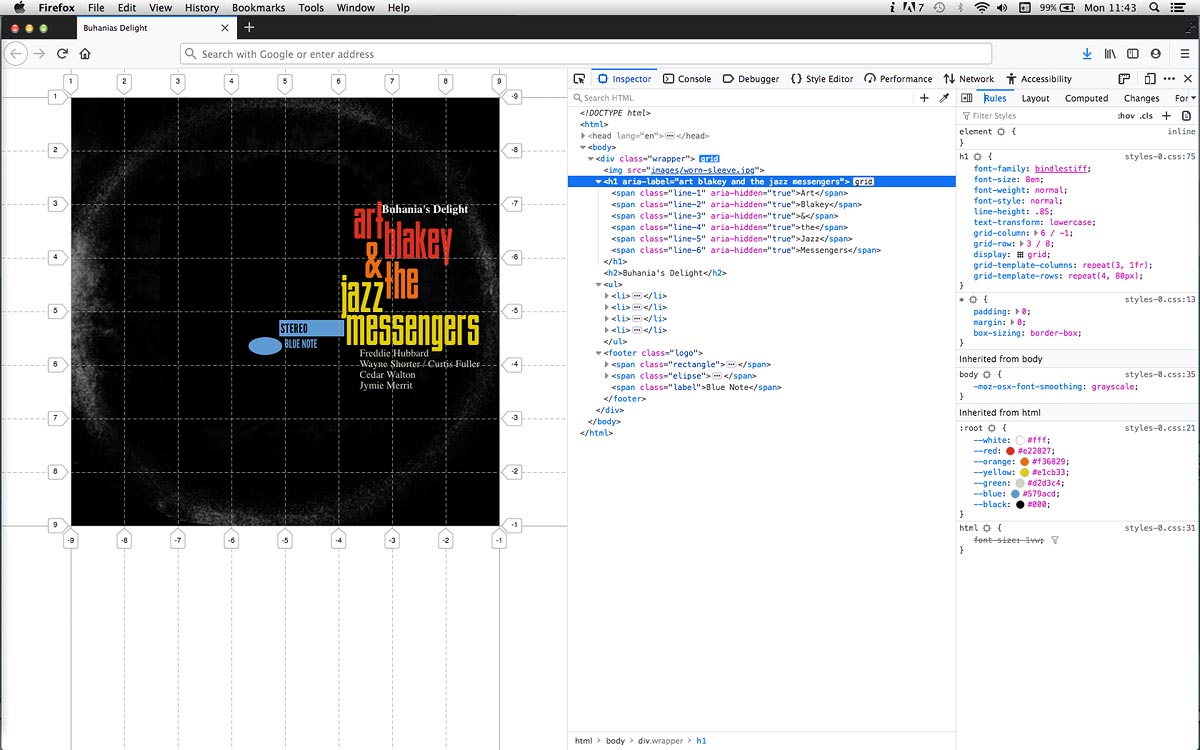 Lots to do on this (I'm missing a font and *coughs an album size pic of Art Blakey..) but am loving what's possible typographically with CSS Grid right now. Nested grids are so cool too, using one on the h1 here...