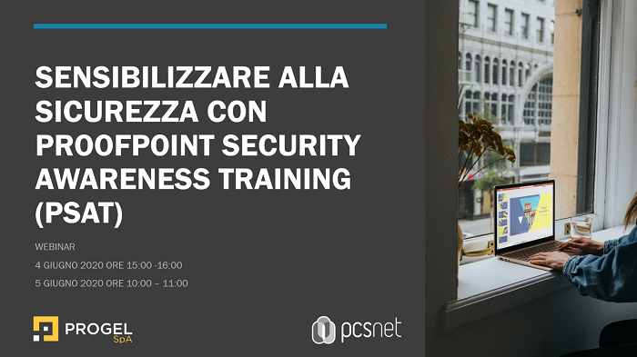 PROGEL_SpA's tweet photo. PROGEL celebra il rinnovo della partnership con @proofpoint invitando a un .#webinar webinar.
Illustreremo il metodo di sensibilizzazione e #formazione formazione sulla #sicurezza informatica di ProofPoint Security Awareness Training (PSAT) 
Info: https://t.co/Y6QNdj9Nww https://t.co/kkwJG5nINF