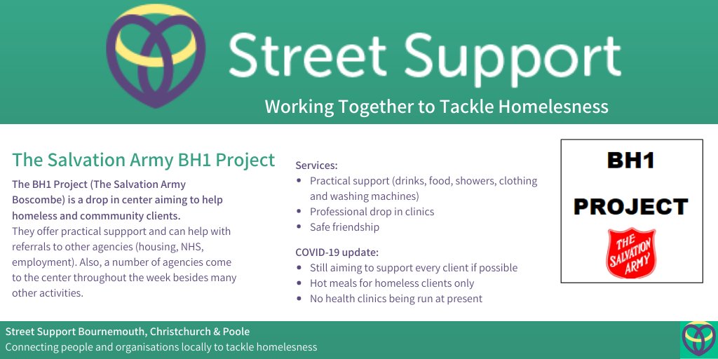 SSupportBCP's tweet photo. Our charity of the week is: The Salvation Army BH1 Project

They offer practical support to homeless and community clients, by providing a welcoming house with facilities, 1:1 support, among many other services. Currently serving meals to homeless clients. https://t.co/j5ax0A3vV6 https://t.co/AJTQgTnPfp