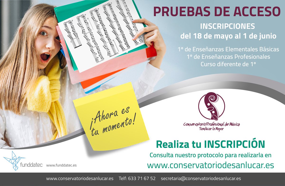 ✅ Recuerda inscribirte a las PRUEBAS DE ACCESO➡️ de nuestro centro. Entra en conservatoriodesanlucar.es/matriculacion/

📝 Debes hacer tu inscripción a las pruebas si eres nuevo alumno y quieres estudiar enseñanzas oficiales en nuestro conservatorio.