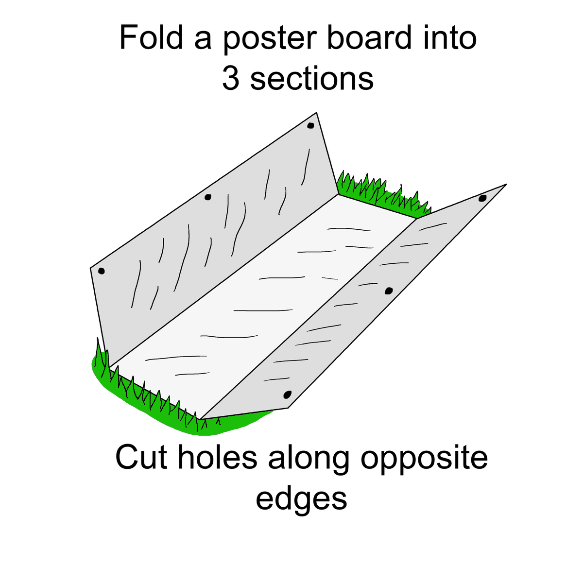 Step 1: Take a square piece of poster board and fold into three sections. Cut holes along opposite edges (to tie later)