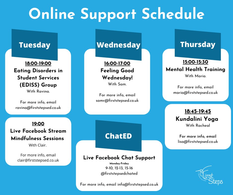 FirstStepsED's tweet photo. Check out our new 'Support Schedule' and register your interest in sessions on our Eventbrite page > https://t.co/v3Wv0bmuaA

[Don't forget to join Clair's Mindfulness Session at 7pm tomorrow LIVE on our Facebook page! See you there 👀]

#FirstStepsED #OnlineSupport #MeWithoutED https://t.co/MnCjJqKwNO