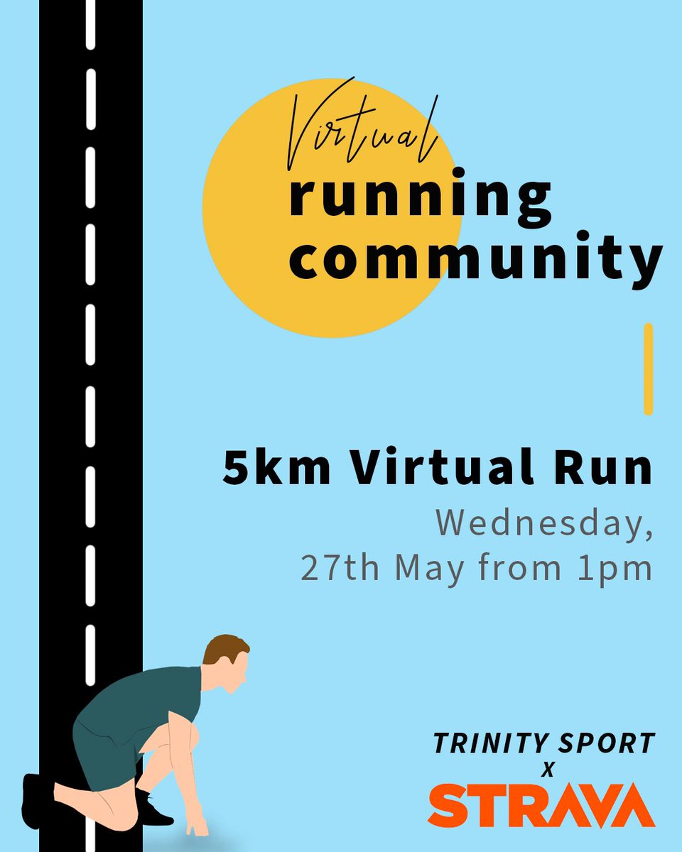tcdsports's tweet photo. Weβre hosting our first virtual running event this Wednesday, 27th May from 1pm! ππΌββοΈππΌ Walk, jog or run 5K in your own time from 1pm...to get involved download the Strava App, connect with the Trinity Sport group and track your 5K via the app on the day! #TrinitySportVirtual5K https://t.co/bsdstXHhSB