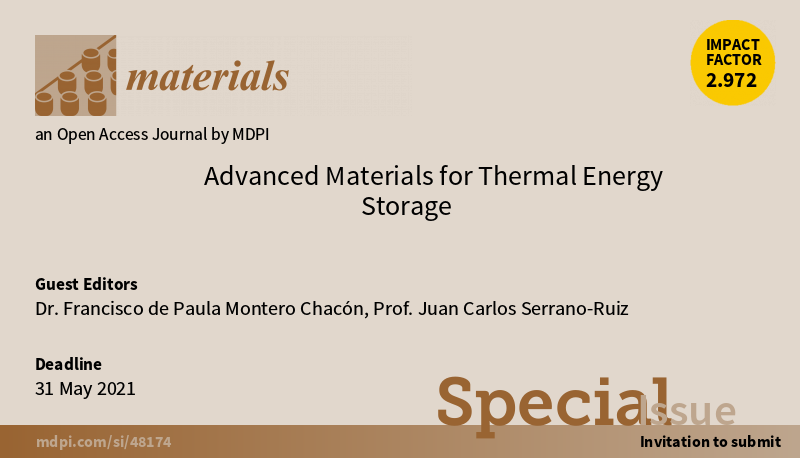 #SpecialIssue "Advanced Materials for Thermal Energy Storage", edited by Dr. Francisco de Paula Montero Chacón and Prof. Juan Carlos Serrano-Ruiz <a href="/LoyolaAnd/">Universidad Loyola</a>, is open to submissions 
mdpi.com/journal/materi…
Submit your papers before the deadline of 31 May 2021