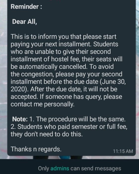 nishant2138's tweet photo. Sir.. i just want to know"is it legal to demand  fees in this crucial crisis "
And if yes then how can a middle class or below family will afford this ,those who actually want their ward to be in hostel???
@PMOIndia @HRDMinistry @DrRPNishank @tsrawatbjp https://t.co/9KcN2l0Cbr