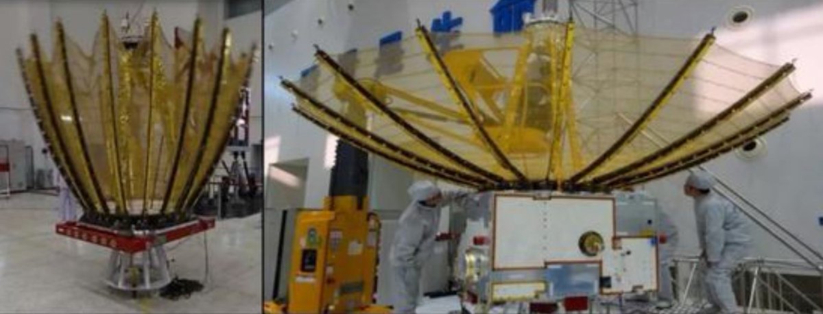 Queqiao communicates with Earth via S-band and with the Chang'e-4 spacecraft in Von Kármán crater via X-band, using a huge, 4.2-metre parabolic antenna, the largest ever deployed in space (Galileo's high-gain antenna was larger, but failed to fully deploy).