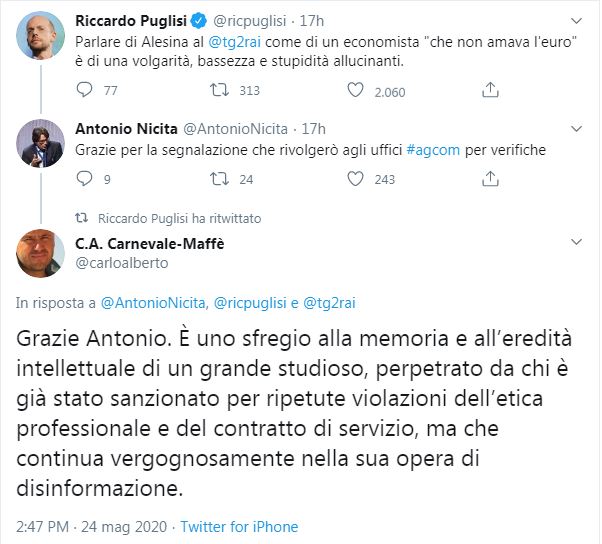 Michele_Anzaldi's tweet photo. Economisti protestano per come il Tg2 ha ricordato Alberto Alesina, definito “l’economista che non amava l’euro”. Agcom ha annunciato l’attivazione degli uffici. Se il Tg2 verrà sanzionato, chi paga? Gli italiani o i responsabili? Si attivi la taskforce anti fake news di Di Bella https://t.co/195vlvjgNy