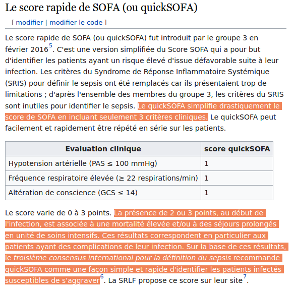 Commençons par le score qSOFAEn voici la définition (wikip.). Il s'agit d'un score sur 3 permettant d'évaluer rapidement le risque de mortalité des patients. Il n'est pas propre au Covid (il est utilisé pour tout un tas de maladies infectieuses)L'étude mesure si qSOFA<1