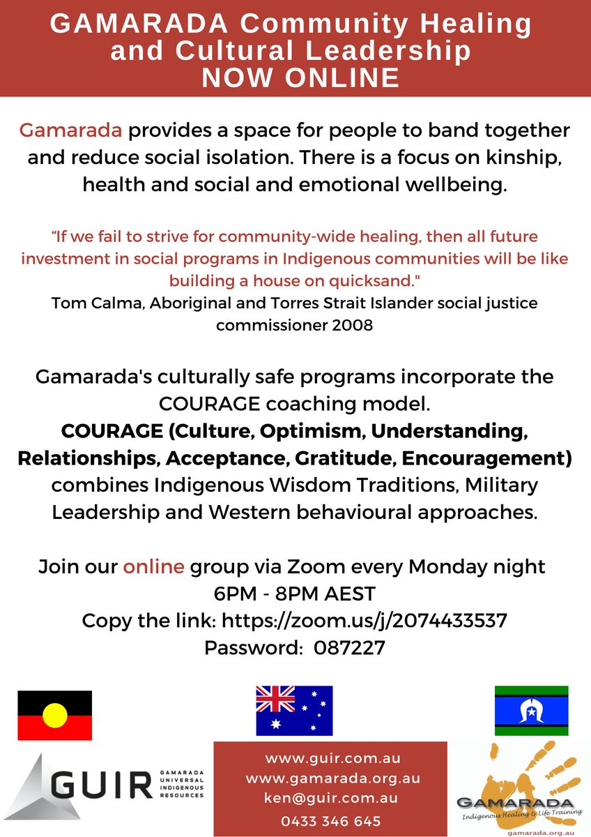 Mental Health is now everyone's business and everyone is welcome to the online Gamarada group tonight (week 587) and every Monday night Link below. GUIR programs incorporate our COURAGE coaching model. See flyer for details. 6-8PM AEST  lnkd.in/gRxd_-9 Password 087227