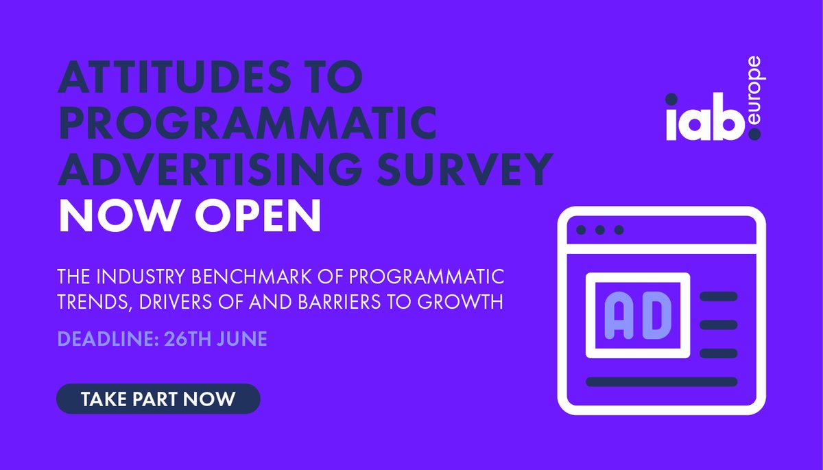 IABEurope's tweet photo. [ATTITUDES TO PROGRAMMATIC ADVERTISING]

It's that time of the year again! 🙌 

Our annual industry benchmark survey on the development of #programmatic in Europe is now open for responses: 👉  https://t.co/7QrMcOwafs https://t.co/hY5RsgtrvL