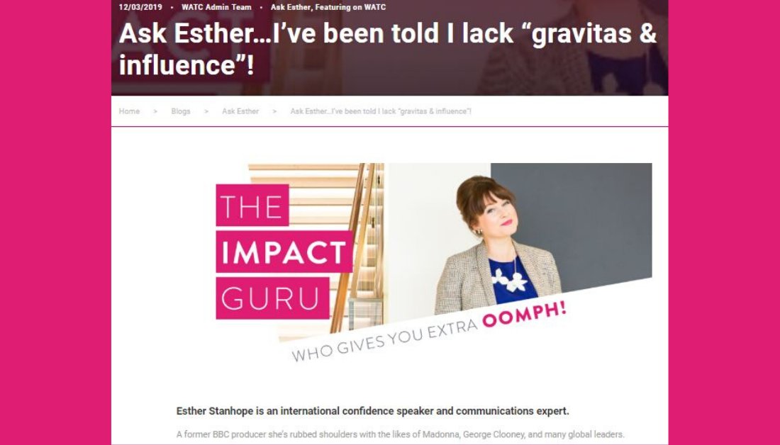 EstherStanhope1's tweet photo. Have you ever been told you lack 'gravitas & influence' at work? You're not alone. Click here to read my 'Ask Esther' column with WeAreTheCity where one reader had been told just that and wanted my help! https://t.co/PQPYbhD5zu Do email me with your work dilemmas too! #AskEsther https://t.co/dKjTBVkwlC