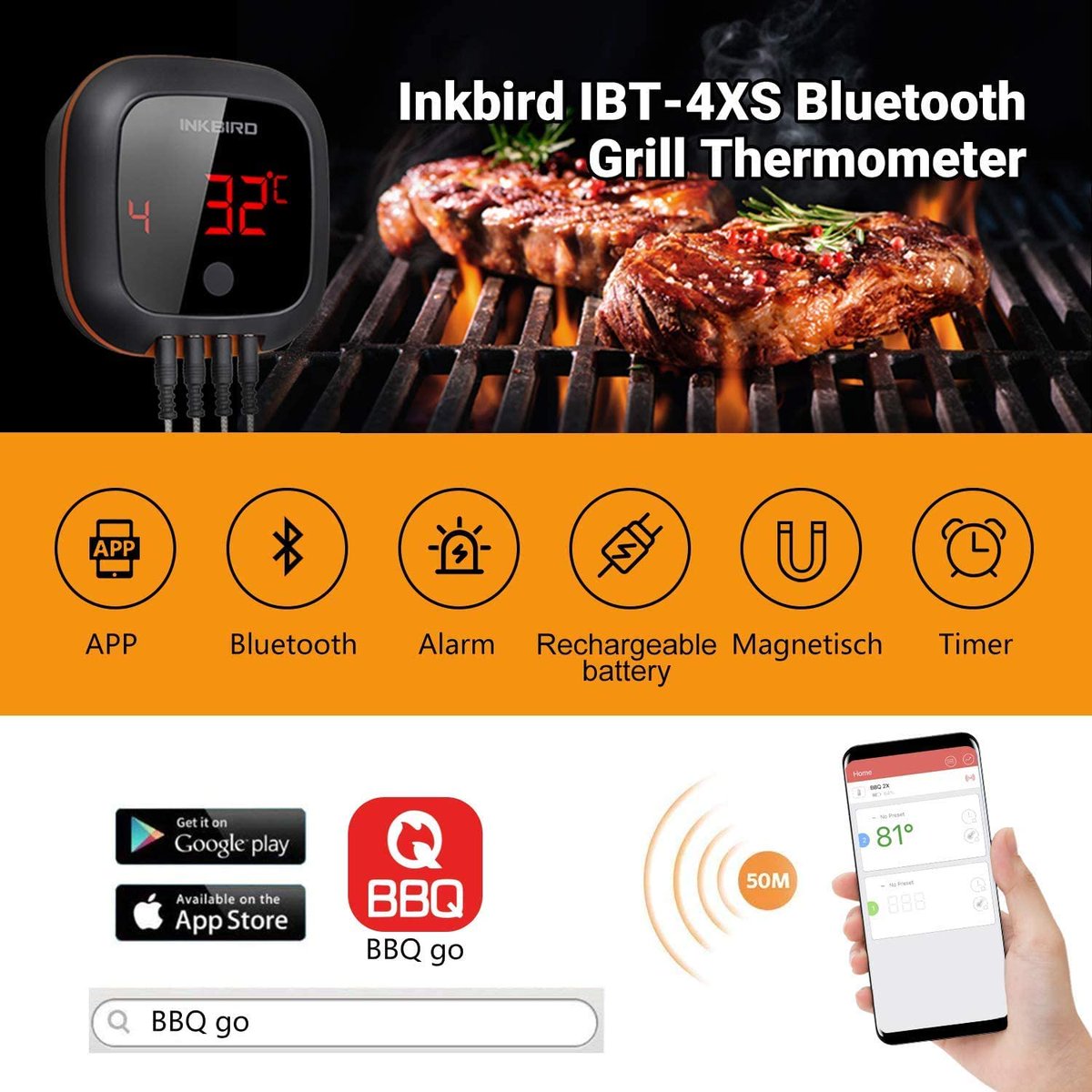 Inkbird IBT-4X:
1. Waterproof
2. Controllable with a simple app
3. Bluetooth (range of 50m)
4. The integrated battery lasts about 60 hours 
5. With 4 sensors
6. Magnetic
amzn.to/3bQZo8Y
#bbq #bbqlife #inkbird