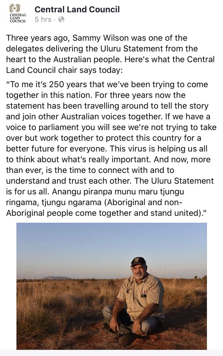 ulurustatement's tweet photo. Sammy Wilson’s message from Central Land Council Facebook on 3rd Anniversary of #UluruStatement #IndigenousX “The Uluru Statement is for us all. Anangu piranpa munu maru tjungu ringama, tjungu ngarama (Aboriginal and non-Aboriginal people come together and stand united)." https://t.co/ZaiHMF0l5q