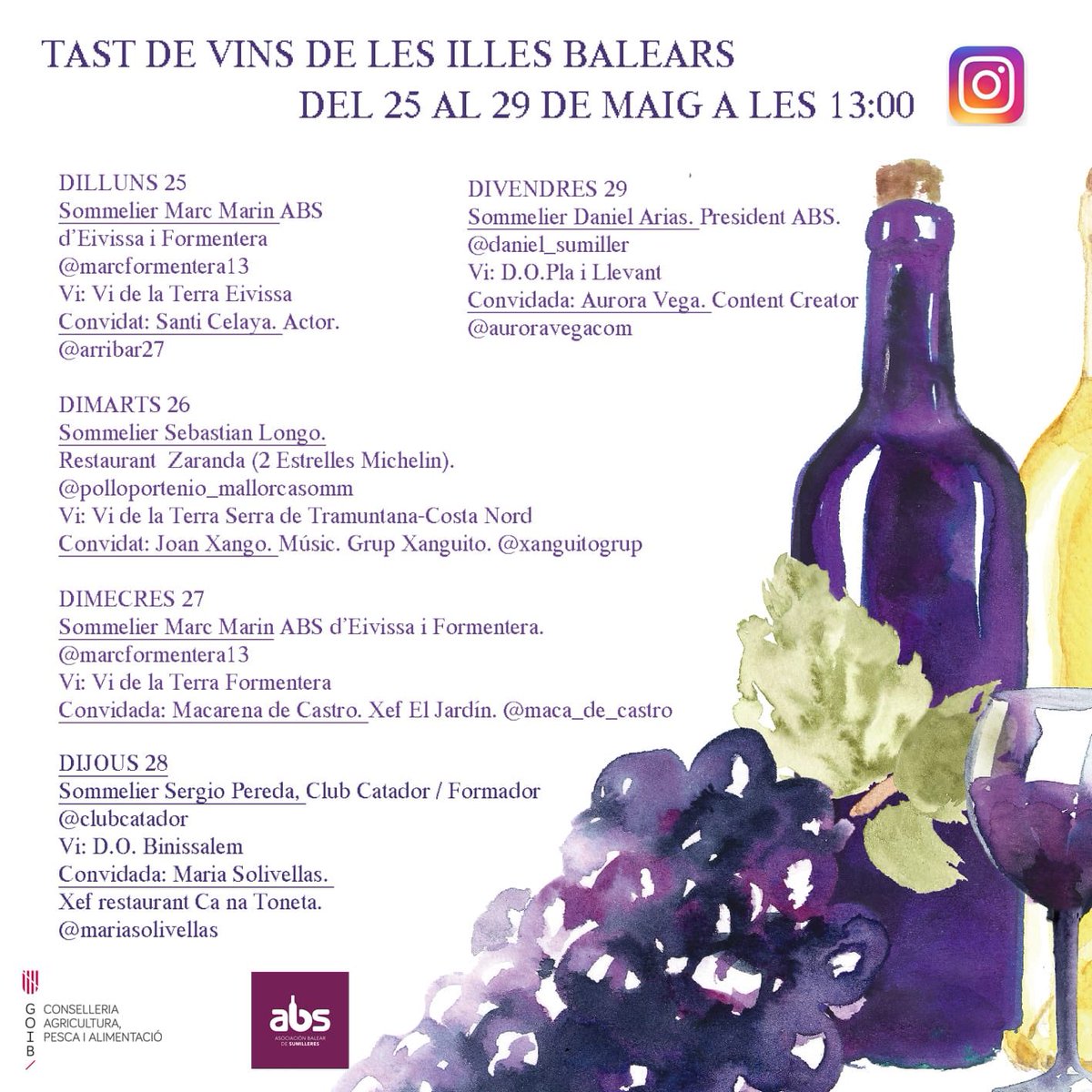 BinissalemDO's tweet photo. A l’hora de l’aperitiu, fes un Vi de les Illes Balears! Programa d’aquesta setmana. #vinsEivissa #VinsSerradeTramuntana #VinsFormentera @DOPLAILLEVANT i #DOBinissalem
@VtMallorca #VinsMenorca...
instagramlive, a les 13 h. #winelovers #vino #wine #weinMallorca @AgriculturaGOIB https://t.co/qbcWxGcwrm