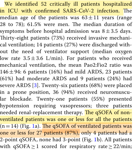 Il ont pour cela analyser un groupe de 52 patients très sévèresLeurs conclusions?Et bien que parmi les patients ventilés, 87% d'entre eux avait un score de 1 ou moins, et 100% parmi les patients non ventilésNotons que 16% des patients critiques ventilés ont un qSOFA<1