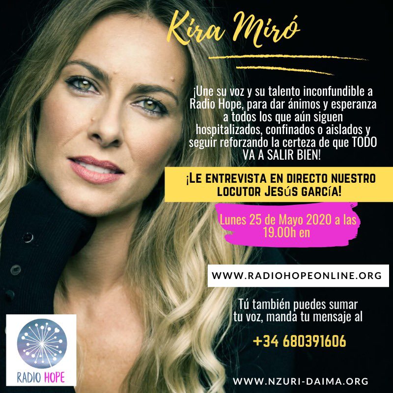 NzuriDaima's tweet photo. El lunes 25 a las 19h sintoniza #RadioHope para escuchar a la talentosa actriz @KiraMiró que une su voz para recordarnos que #TodoVaASalirBien.
#UniendoLatidos #EntrevistasHope @jesusodos https://t.co/mLREQzsNPK