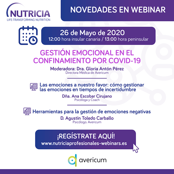 📅Mañana: #Webinar gratuito para profesionales "Gestión emocional en el confinamiento para paciente renal".
ow.ly/5F6Y30qH3c5
Organiza <a href="/avericum/">Avericum</a> con el apoyo de Nutricia 
#EnfermedadRenal #YoMeQuedoEnCasa #NutriciaProfesionales