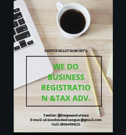 deepeesolutions's tweet image. ... My Name is Olusegun AKINSEHINDE (Dr Package) B.Sc Ed. AAUA, M.Sc. Ed. OAU, Business Registration Expert and I work with DEEPEE SOLUTIONS INT'L, a Business Registration, Development Support, Tax Advisory and Dry-cleaning Firm...