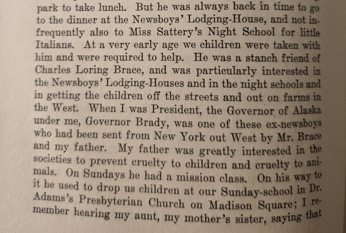 TR's father would donate his time to the education of orphaned boys and organizations that fought animal cruelty. One of the boys he helped send to a school out west became governor of Alaska.TR would follow in his footsteps.