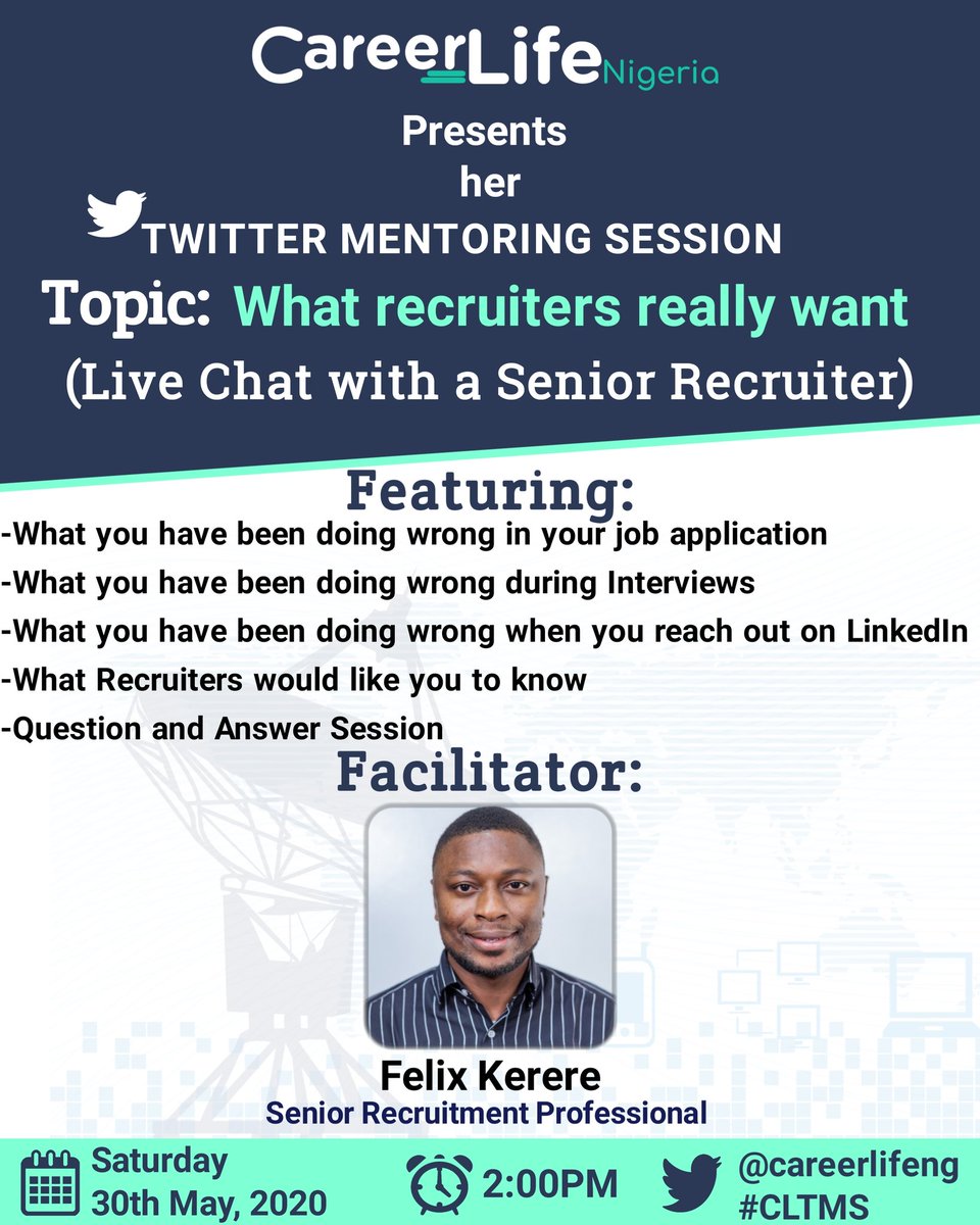 careerlifeglobe's tweet photo. Our Twitter Mentoring Session for this Month is here ππ€Έ
This Saturday by 2pm, we'll be hosting a Recruitment Professional who would discuss
What Recruiters Really Want
This is to ensure you're doing the right thing in your job application
Follow @careerlifeng to join
#CLTMS https://t.co/iSOwjdZFjT