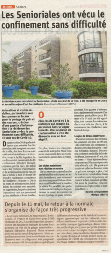 Merci au <a href="/Le_Progres/">Le Progrès</a> pour son article paru le 24/05 mettant en avant la gestion de nos résidences  <a href="/senioriales/">Senioriales</a> durant la période de confinement.
