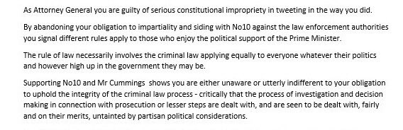 Shadow attorney general ⁦<a href="/LordCFalconer/">Charlie Falconer</a>⁩ makes whithering attack on attorney general ⁦<a href="/SuellaBraverman/">Suella Braverman</a>⁩ for defending Cummings on Twitter, saying she committed a “serious constitutional impropriety”. Senior Tories have privately said the same to me