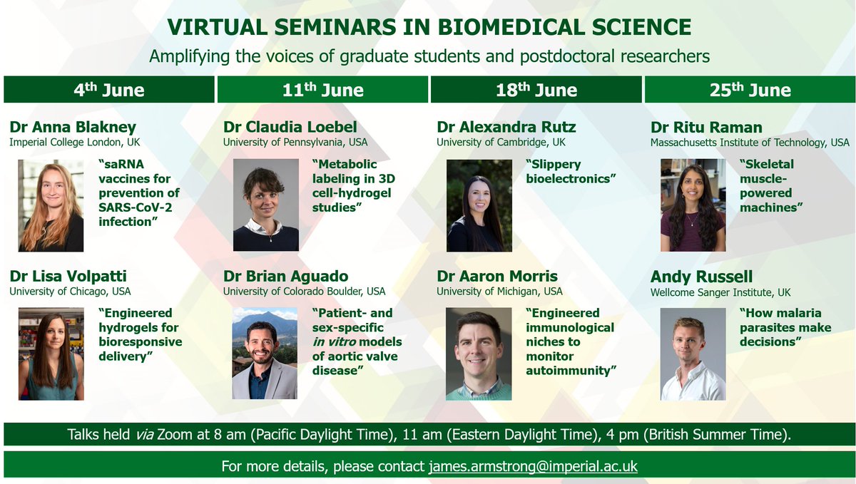 Please RT! #Virtual #Seminars in #Biomedical #Science is continuing into June - with a wonderful lineup of #postdoc and #graduate #students from Europe/USA giving online talks every Thurs next month!!

See thread below for speaker info and register here: forms.gle/kpP78MrSN8DUUS…