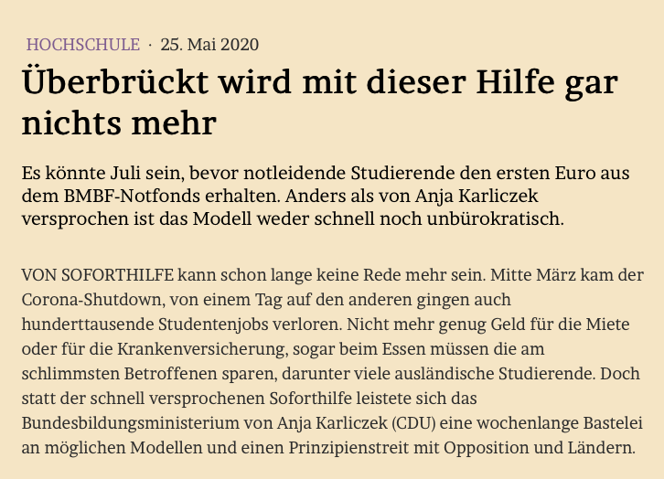 JMWiarda's tweet photo. Überbrückt wird mit dieser Hilfe gar nichts mehr

Es könnte Juli sein, bevor notleidende Studierende den ersten Euro aus dem @BMBF_Bund - #Notfonds erhalten. 

Mein Kommentar im #ZEITWissen3 und im Blog: https://t.co/77vrZbYvkA https://t.co/ZC0aYAgpga
