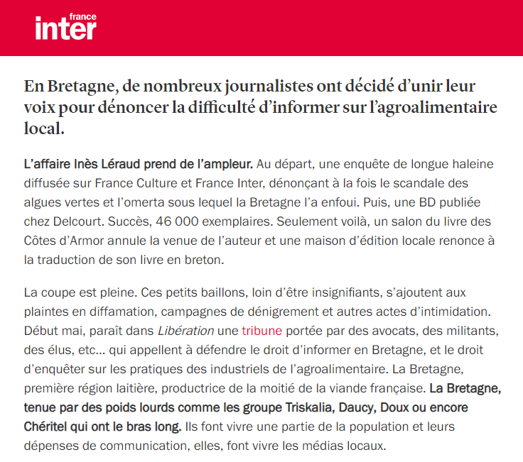  Ce lundi, 200 journalistes passent à l'offensive pour défendre la liberté d'informer sur l'agroalimentaire en Bretagne (et ailleurs). Trop d'entraves et trop de non-dits entourent cette question centrale en termes environnementaux, sanitaires, sociaux et politiques.