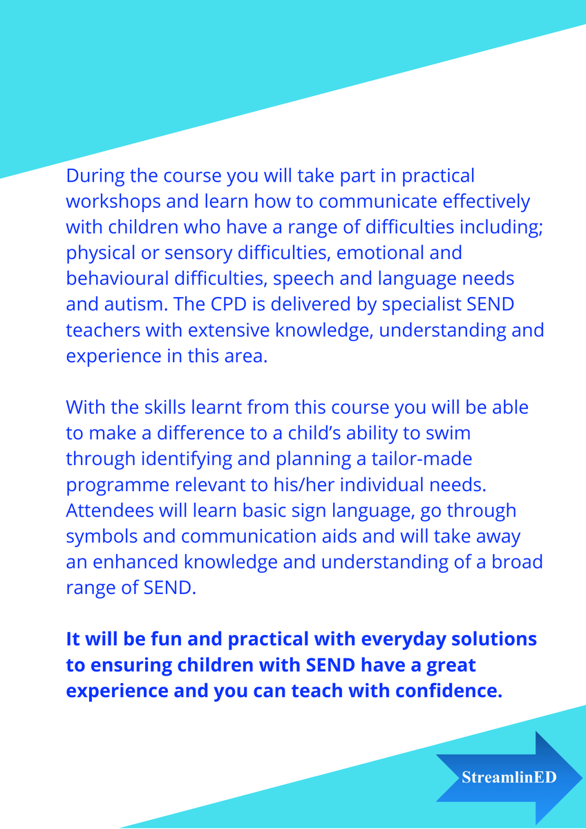 Streamlin_ED's tweet photo. We still have spaces remaining on our Special Educational Needs &amp; Disability (SEND) in Swimming CPD...click here to book your place today: https://t.co/qDibXvuxzG
#Streamlined @SE_Quals #onlinelearning #CPD #swimming https://t.co/6wTZwjTLis