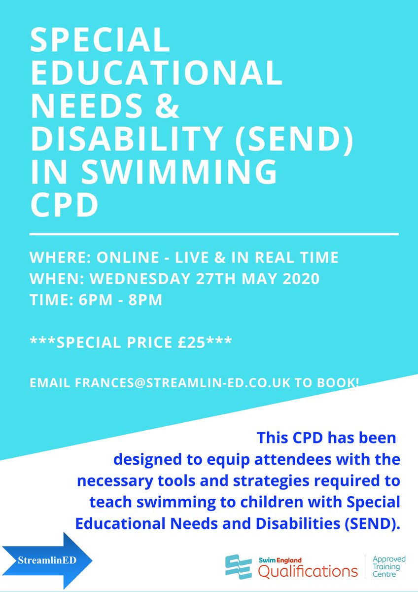 Streamlin_ED's tweet photo. We still have spaces remaining on our Special Educational Needs &amp; Disability (SEND) in Swimming CPD...click here to book your place today: https://t.co/qDibXvuxzG
#Streamlined @SE_Quals #onlinelearning #CPD #swimming https://t.co/6wTZwjTLis