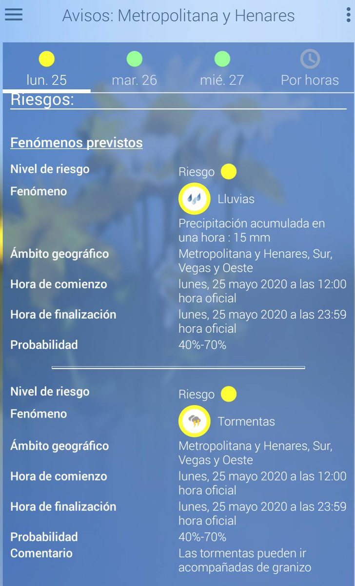#FMA Aviso amarillo de #AEMET desde las 12:00 por tormentas que pueden ir acompañadas de granizo y pueden dejar una precipitación acumulada de 15mm en una hora #Coslada