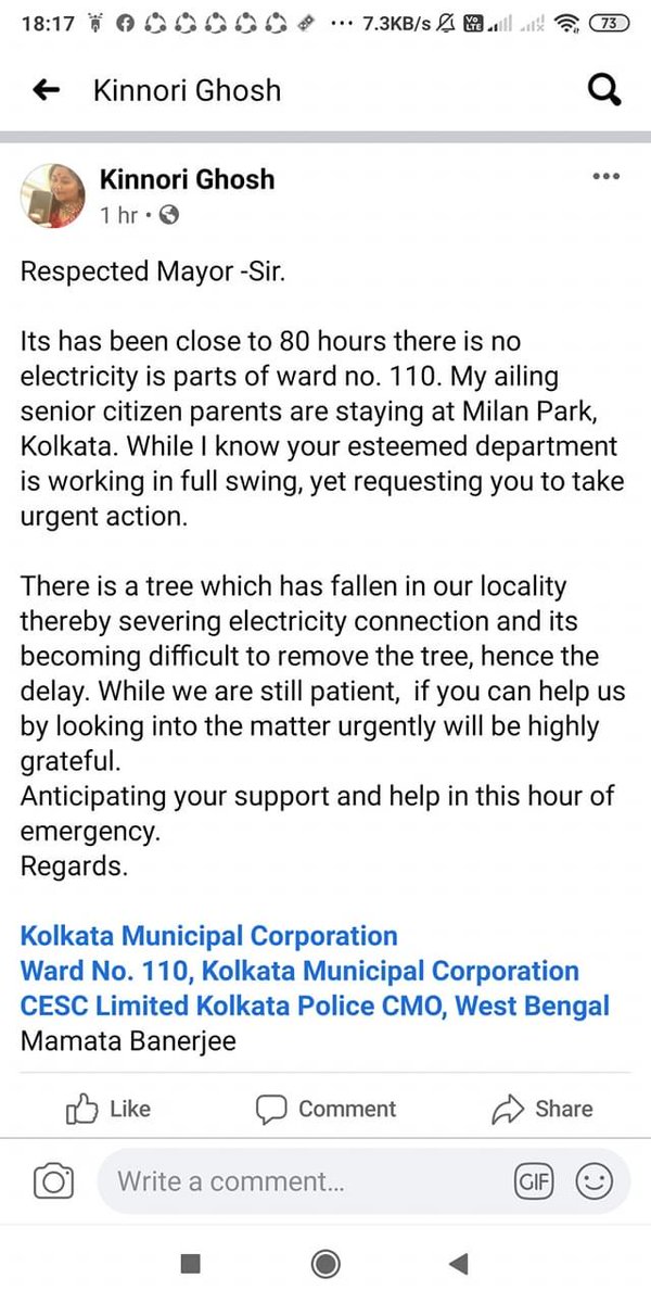 24 hours later.. still waiting. 
Please get the work done.
<a href="/CESCLimited/">CESC Limited</a> <a href="/MamataOfficial/">Mamata Banerjee</a> <a href="/FirhadHakim/">FIRHAD HAKIM</a> <a href="/KolkataPolice/">Kolkata Police</a> #KolkataMunicipalCorporation #KMCOnline #AmphanSuperCyclone #AmphynCyclone