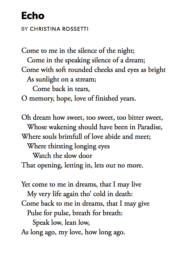 214 Echo by Christina Rossetti, read by  @beatieedney  https://soundcloud.com/user-1152...   #PandemicPoems