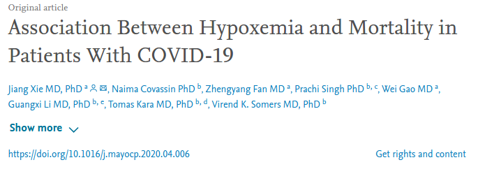 L'étude suivante, publiée en Avril 2020, évalue le lien entre hypoxémie (liée au taux de SPO2) et la mortalité des patients CovidLes auteurs ont pour objectif d'évaluer des marqueurs permettant d'anticiper la mortalité des patients Covid https://www.sciencedirect.com/science/article/pii/S0025619620303670