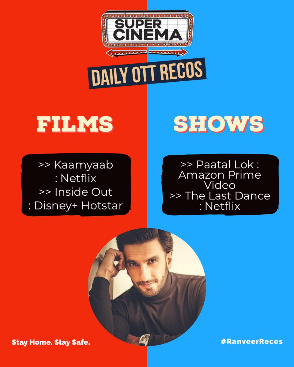 .@RanveerOfficial picks #Kaamyaab, #InsideOut and #PaatalLok , #TheLastDabce as his favorite movies and shows in these lockdown times to binge on. #DailyOTTRecos #RanveerRecos #OTTRecos #SuperCinema