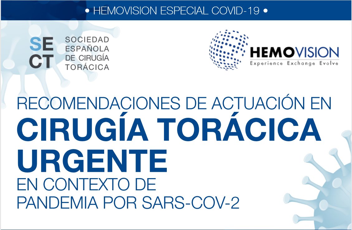 SECTtoracica's tweet photo. 🚑👨⚕️ Recomendaciones de actuación en la Cirugía Torácica Urgente en el brote de la #COVID19. Próximo seminario online de la SECT @baxter_intl Hemovision
📅 27 mayo 2020 #webinarSECT #thoracicsurgery
🕘18:30-19:30
➡️https://t.co/abcXl5yI8u https://t.co/1CkLJZQA3Q