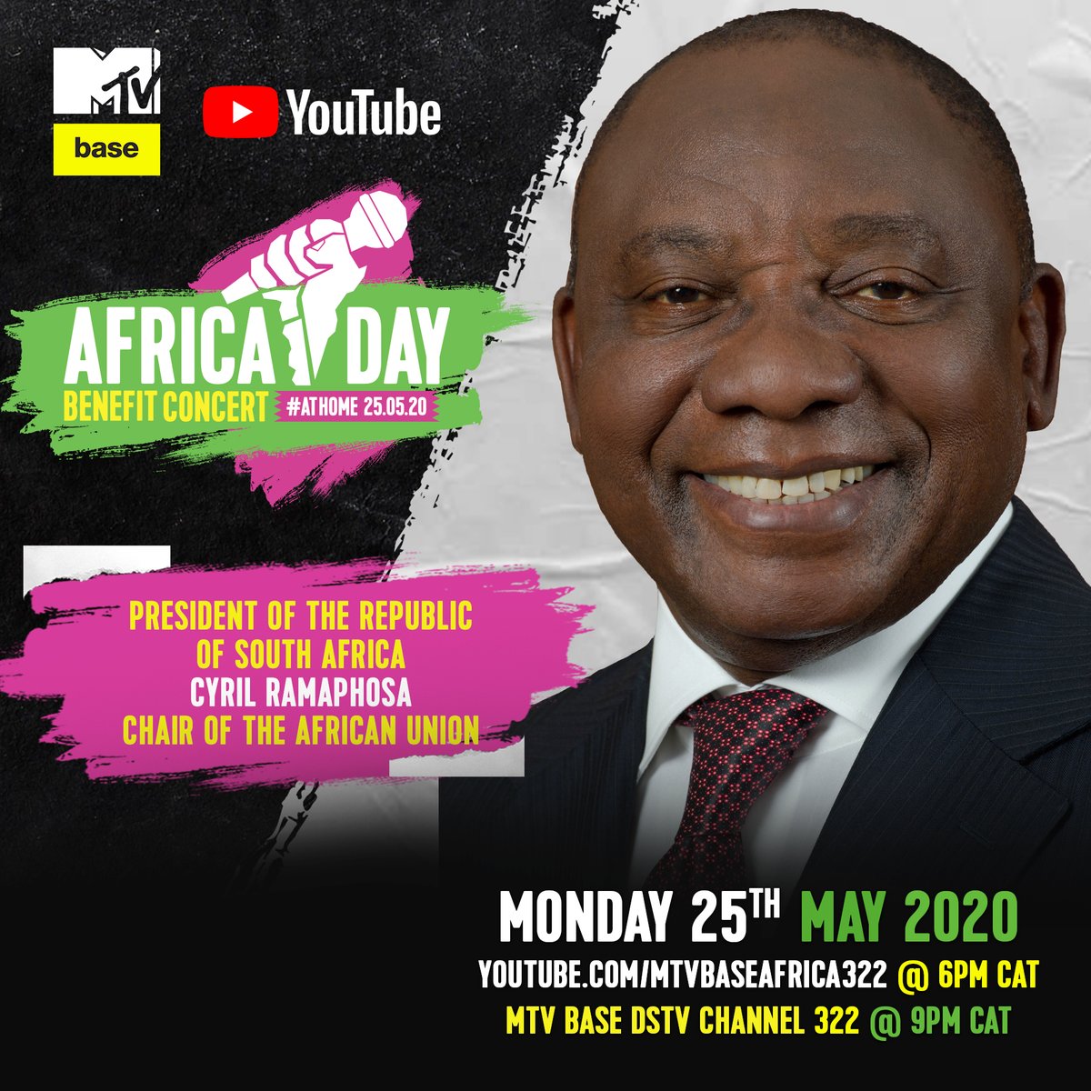 The Chair of the <a href="/_AfricanUnion/">African Union</a>, His Excellency <a href="/CyrilRamaphosa/">Cyril Ramaphosa 🇿🇦</a> of the Republic of South Africa will participate in the #AfricaDay Benefit Concert #AtHome, Monday, 25 May streaming live on YouTube.com/MTVBaseAfrica3… at 6pm CAT. #WithMe #AloneTogether tune in!