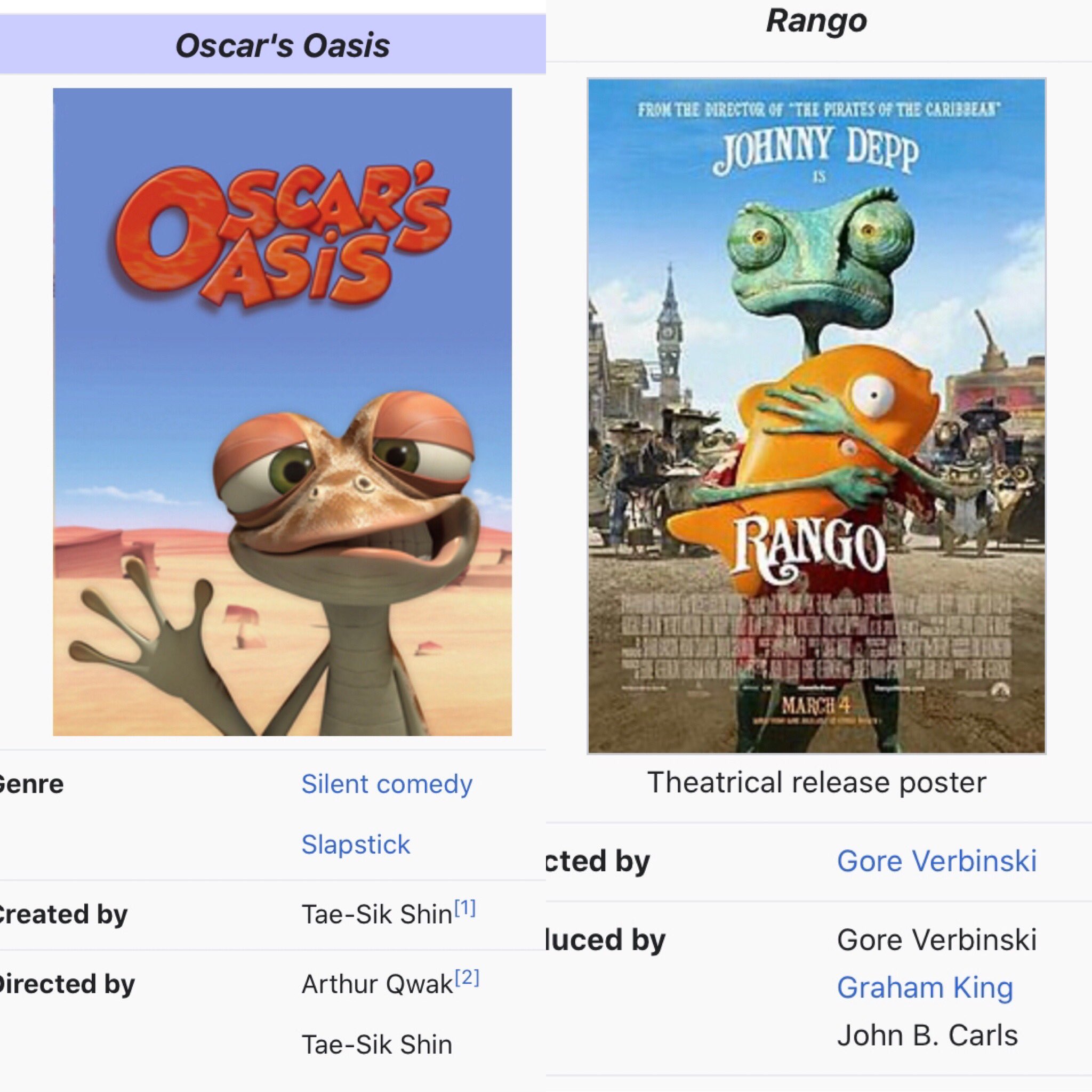 Randomandymiles on X: Which came first? Identical concept and both had  releases in 2011 even though Oscars Oasis was via Nintendo 3DS. #rango  #oscarsoasis #netflix  / X