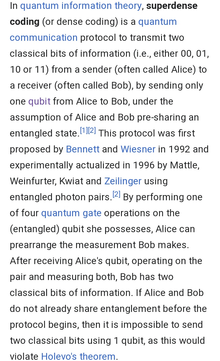 "....from a sender (often called Alice) to a receiver (often called Bob), by sending only one qubit from Alice to Bob, under the assumption of Alice and Bob pre-sharing an entangled state." https://en.m.wikipedia.org/wiki/Superdense_coding