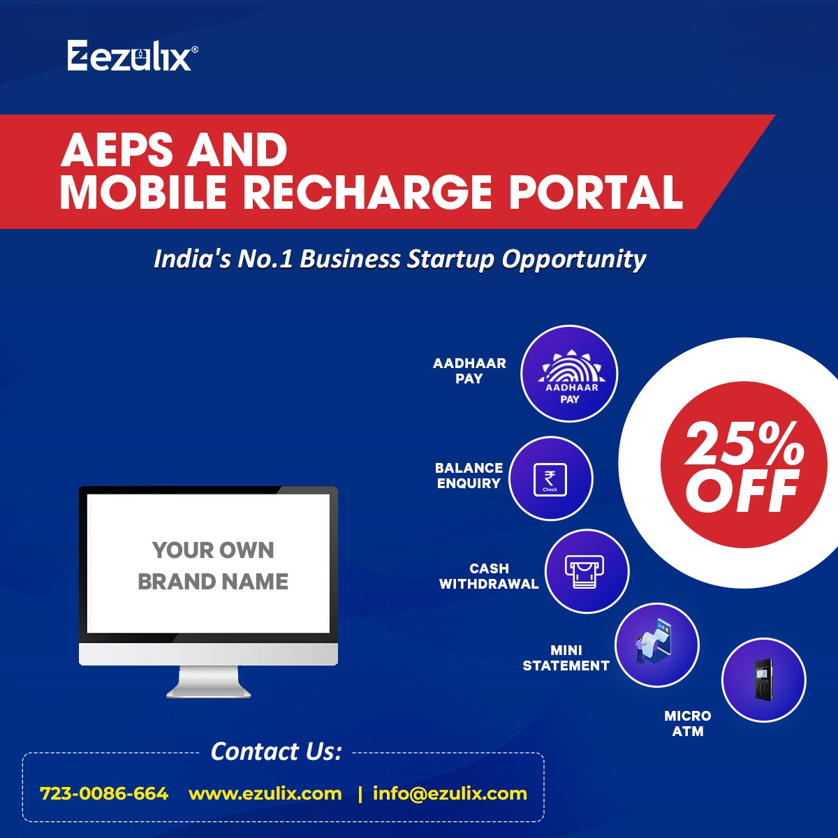 Ezulix_Software's tweet photo. Start your own brand business with mobile recharge and AEPS service and Save 25% today. 🤑🤑
Hurry up, redeem now👉 https://t.co/x7XgXKmVui
#ezulix #b2bportal #mobilerechargesoftware #aepsservice #aepssoftware #aadhaarpay #cashwithdrawal #ministatement #balanceenquiry #microATM https://t.co/uQb1MqhSlH