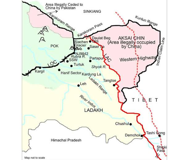 47/50One aftermath of the 1962 war was yet another line: the Line of Actual Control (LAC). This line marks the ceasefire between the 2 belligerents, a de facto border between India and China in the region. It puts Aksai Chin firmly in the Xinjiang Uyghur Autonomous Region.