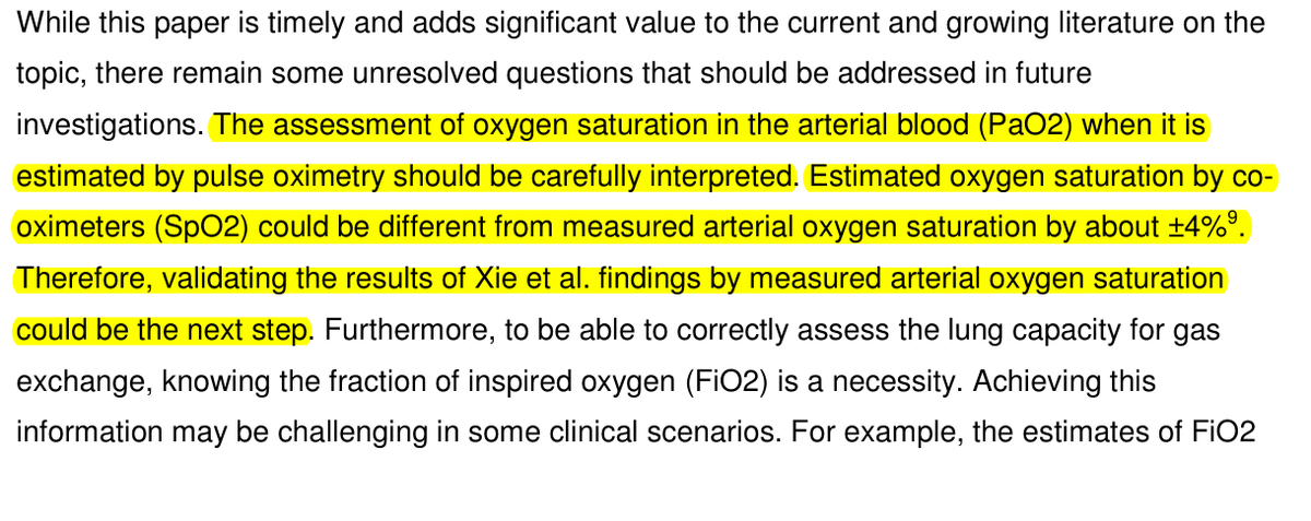 La pertinence de ce seuil fut commentée par le chercheur K. B. Kashani dans un article commentant l'étudeIl explique que la mesure du tx de SPO2 devrait toutefois être interprétée avec précaution,en raison d'erreurs potentielles avec cet indicateur seul https://www.ncbi.nlm.nih.gov/pmc/articles/PMC7177114/#!po=16.6667