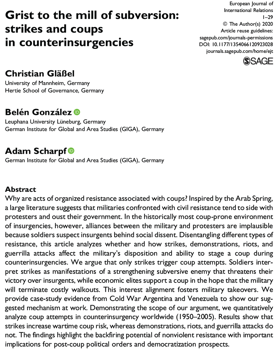 Excited that our ( @BelenGonzalez_S  @leuphana  @GIGA_Institute & Christian Gläßel  @Hertie_Security) paper on organized resistance as coup triggers is out  @EuroJournIR. We study how resistance types, specifically strikes, foster collusions between military and economic elites.
