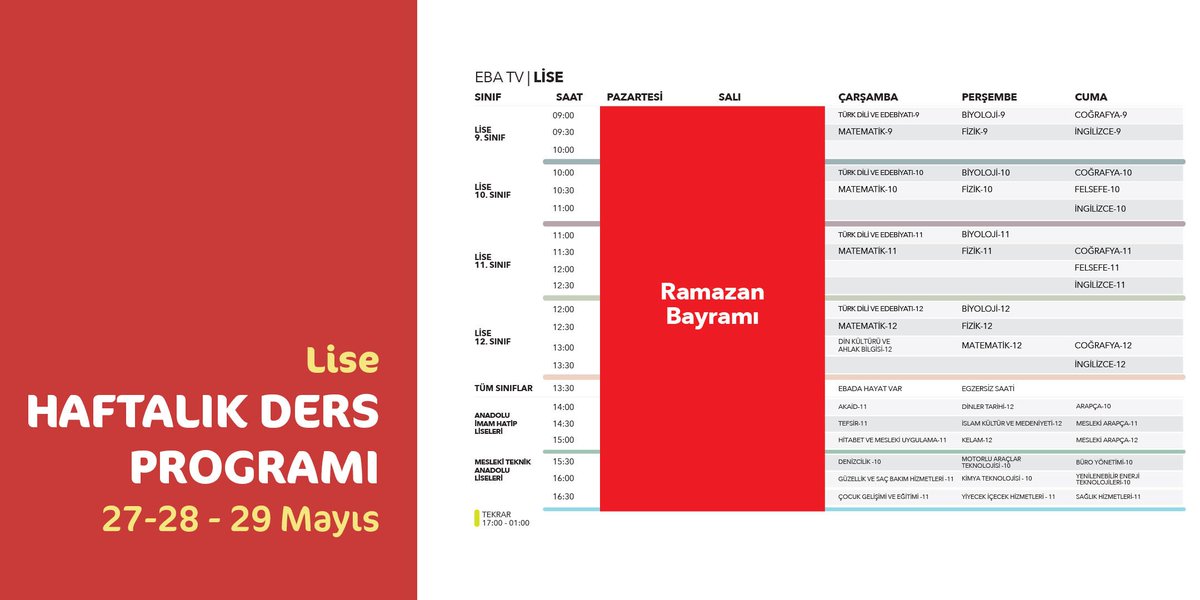 yesilyorecpal's tweet photo. 27-29 Mayıs EBA LİSE TV haftalık ders programı. 🧐
#EvHayatDolu🏡 #TRTEBATV #ebadersprogramı #ebalisetv
@tv_eba @tcmeb @kmarasmem @MemTurkoglu https://t.co/WbI38thlko